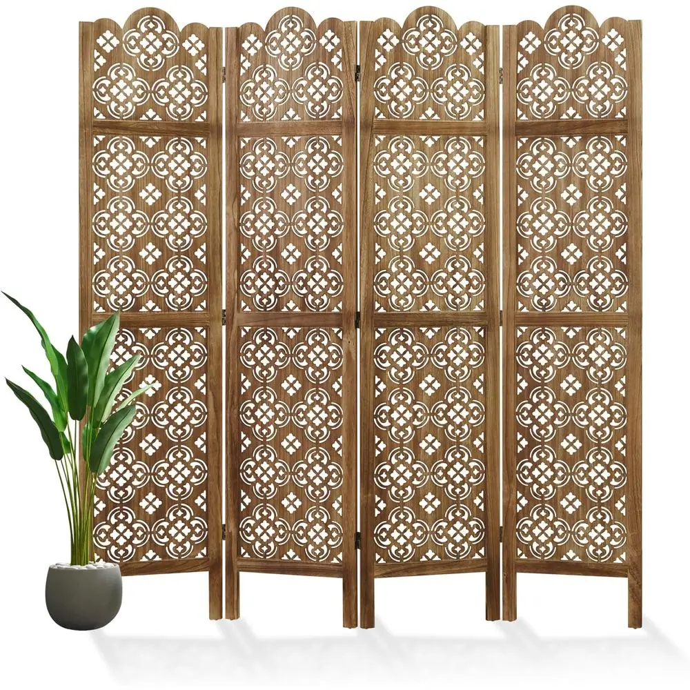 

4-Panel Wooden Carved Room Divider - 68.9 Privacy Screen for Home, Office, Restaurant (Dark Brown)