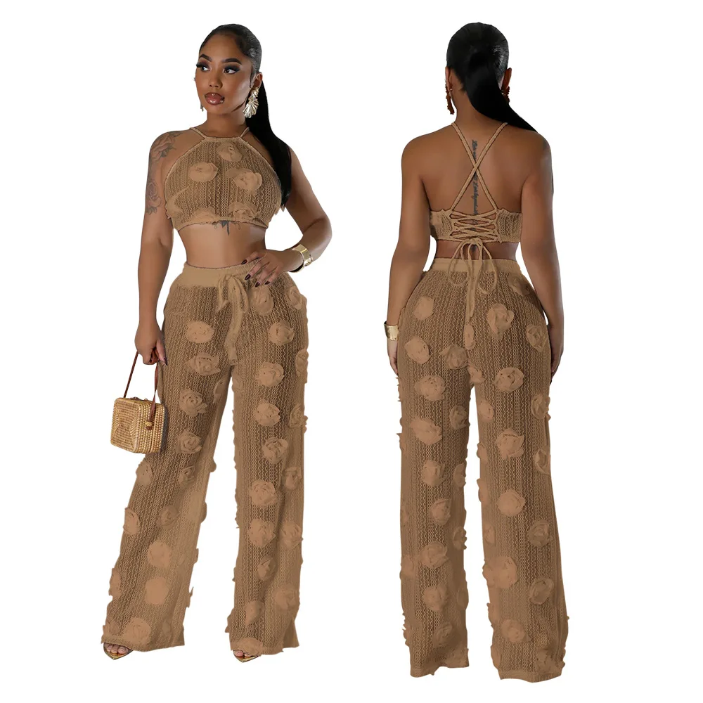 2024 Women's dress Solid  waistcoat Sheer Trousers Hotsweet Sexy Lace-up hollow set