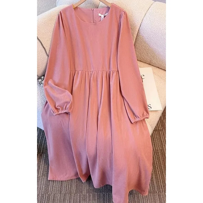 Plus Size Women Autumn Winter Long Sleeve Midi Dress, Lazy Loose High Waist Maxi Dress for Oversized Ladies