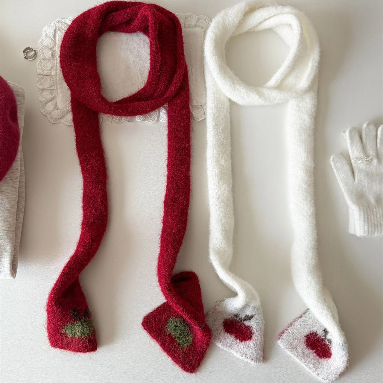 Retro Jacquard Knitted Scarf for Women Woolen Narrow Scarves Winter Plush Neck Warmer 3-12Year Children Girls Fashion Outfits