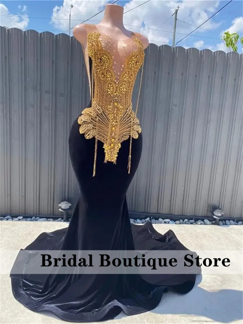 Glitter Diamonds Black Prom Dress Golden Beaded Rhinestones Tassels Birthday Party Dresses Wedding Reception Gown Customized  image 2