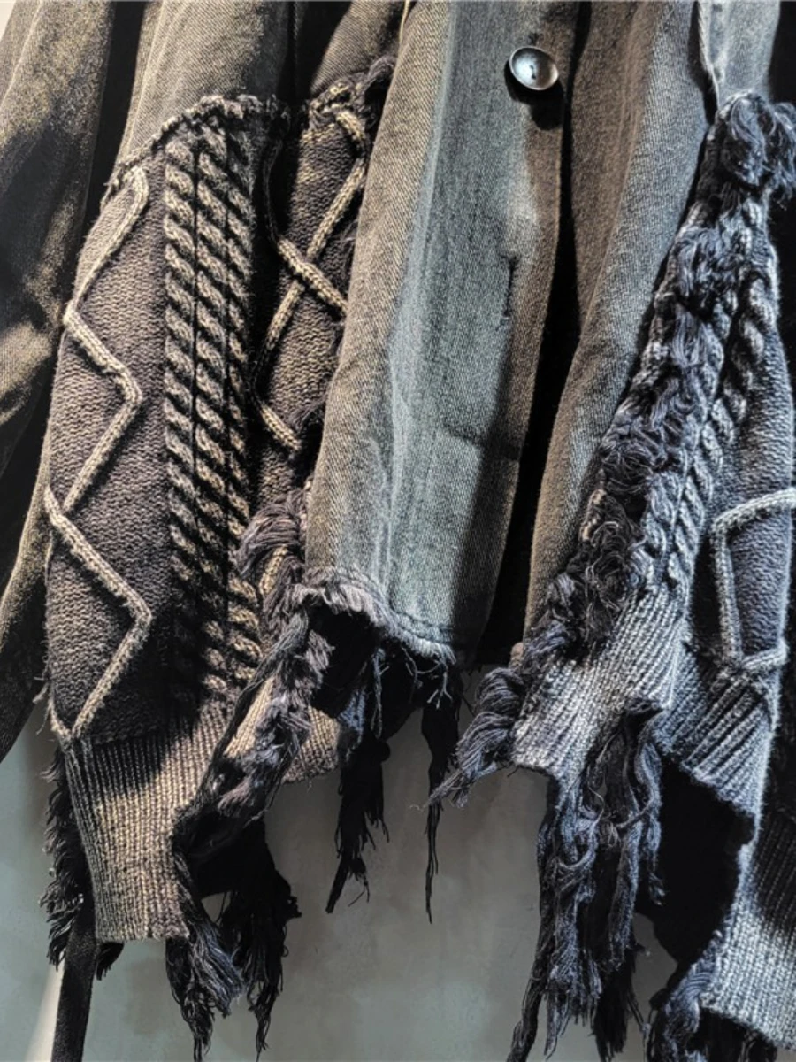 سترة GALCAUR سوداء مقسمة بشراشيب ملابس الشارع الشهير سترات نسائية فضفاضة بأكمام طويلة على طراز القفار سترات نسائية موضة خريف جديدة #5