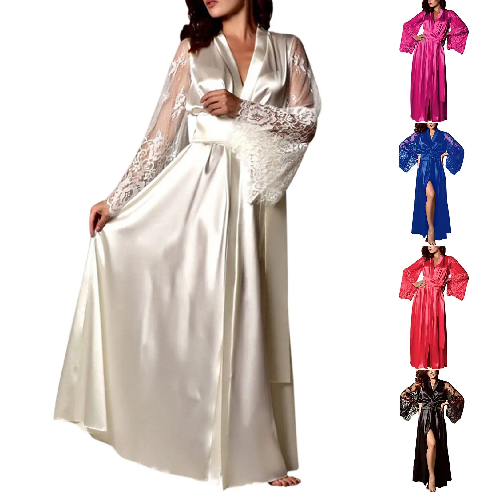 Womens Nightdress Sexy Long Polyester Lingerie Nightwear Bath Robe Gown Imitation Ice Silk Nightdress Solid Color Nightgown Thin