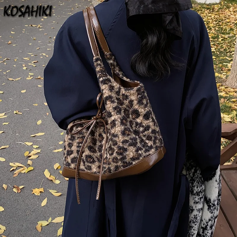 

Harajuku Leopard Bow Shoulder Bags Grunge Office Lady Korean Women Underarm Bag Vintage Y2k Aesthetic Ins Purses and Handbags