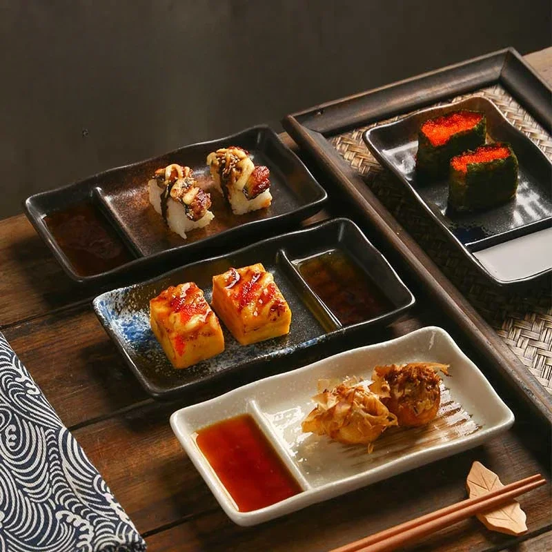 

Ceramic Partition Plate Creative Household Use Vinegar Plate Double Plate Cake Sushi Dessert Snack Cold Dish
