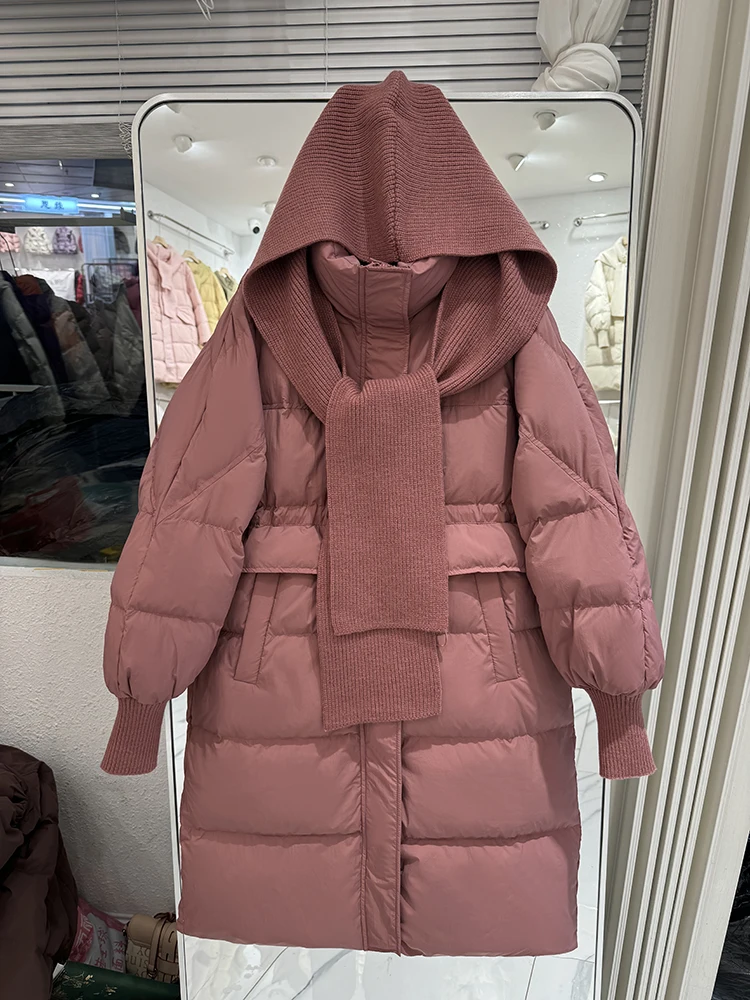 Doudoune longue avec col montant pour femme, manteau rembourré chaud avec châle, vêtements coréens, hiver, 2024