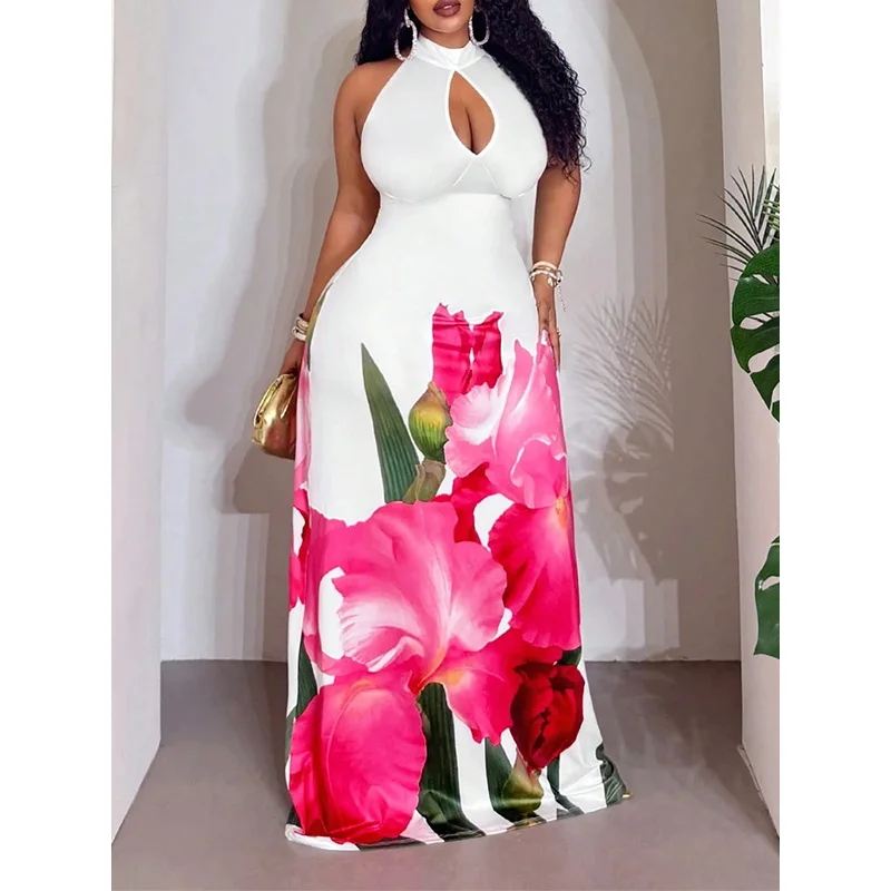 Slergiri Plus Size Floral Print Sexy Cutout Halter Long Dress Women Summer Vacation Party Elegant Backless Fit and Flare Dresses