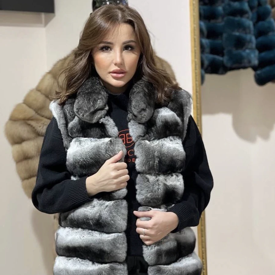 Real Rex Rabbit Fur Gilets For Women Long Chinchilla Rex Fur Vest Winter Warm Fur Vest With Stand Collar Best Selling