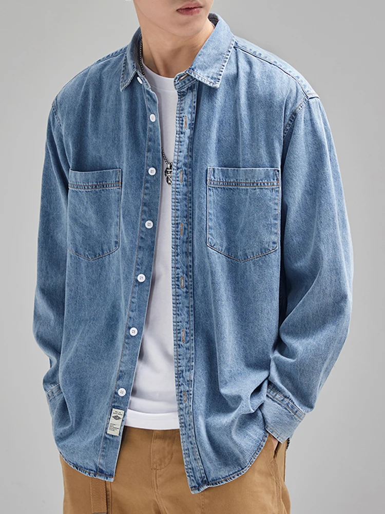 Chemise en Jean à Manches sulfpour Homme, en Coton Doux, avec Poches sur la Poitrine, Style Cowboy, Bleu, Décontracté, Nouvelle Collection Automne