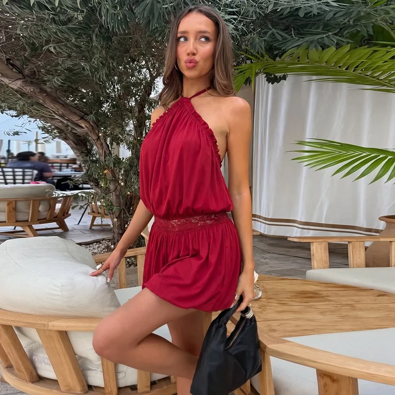 

Tsiisd Summer Backless Women's Mini Dress Necklace Sleeveless Lace Patchwork Beach Wedding Party Fashion Dress Female Sexy Dress