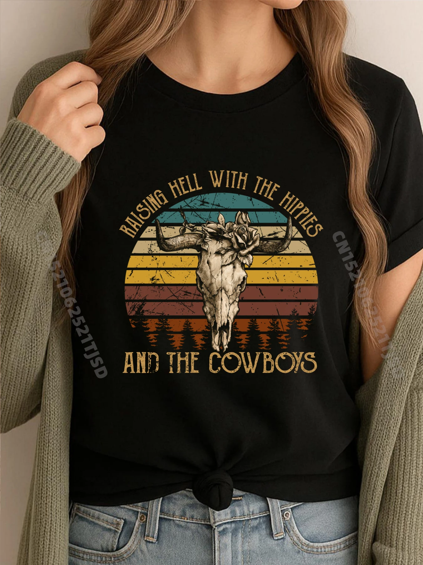 

Raising Hell With The Hippies The Cowboys Shirt Bull Skull Vintage T Shirt Woman Band Tshirts