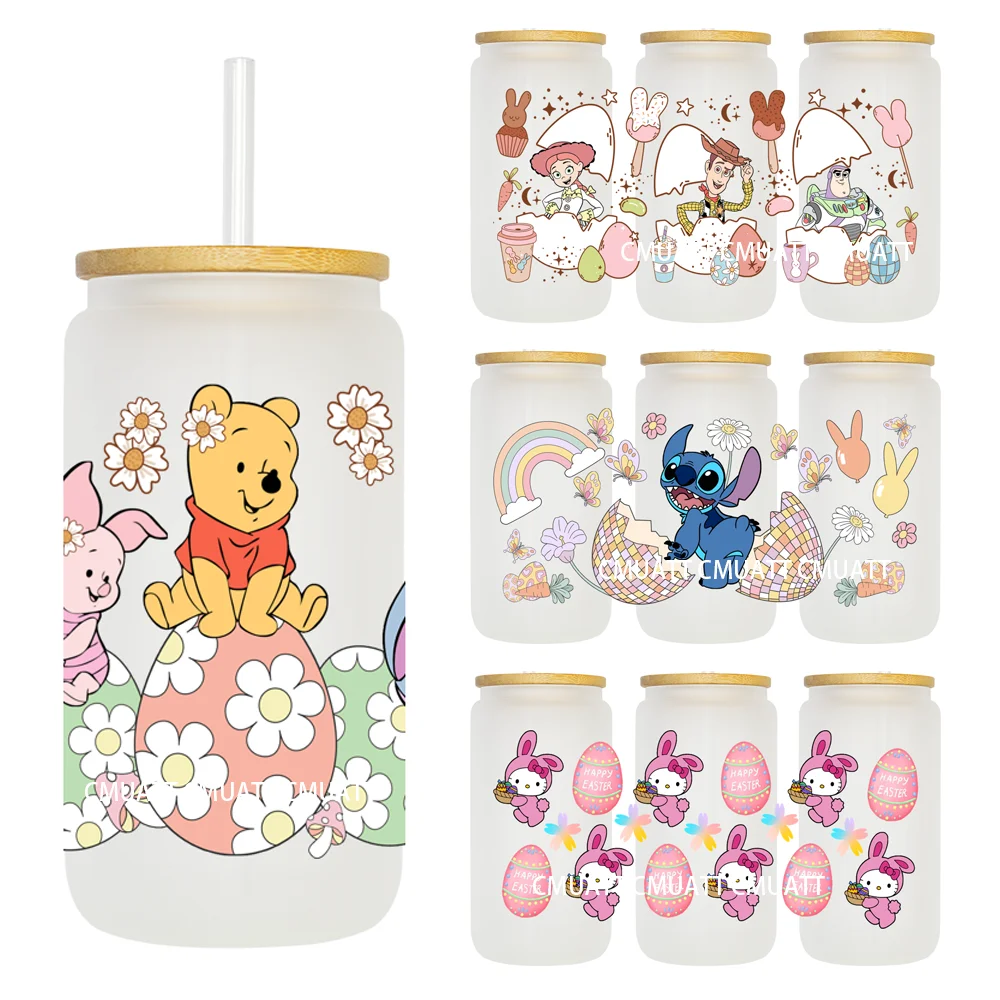 Cartoon Easter Bunny With Flowers 16OZ UV DTF Cup Wrap Transfer Sticker Custom Label DIY Waterproof Logo For Libbey Glass Can