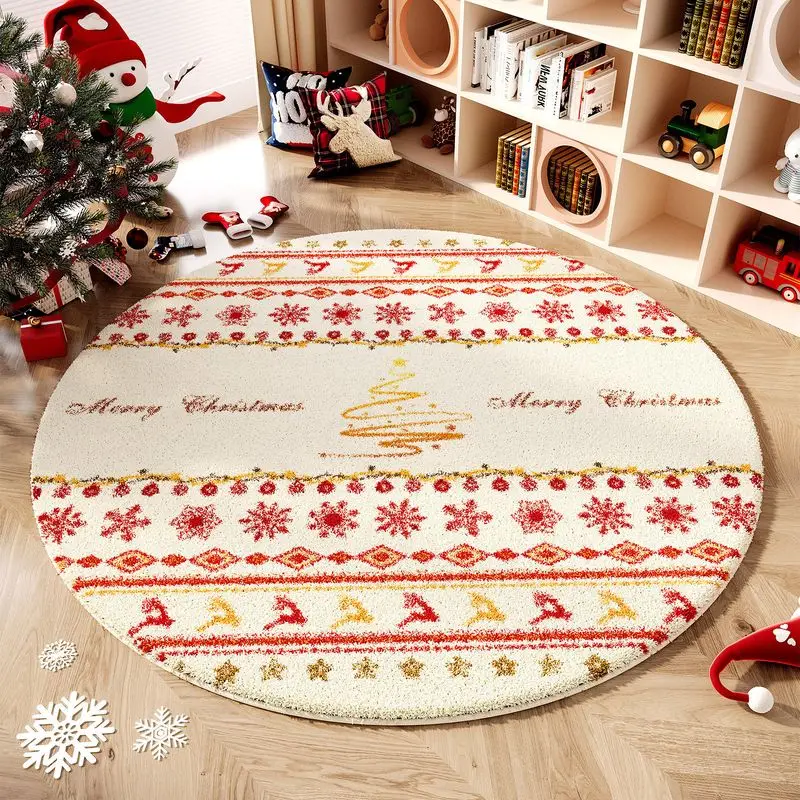 VIKAMA Circular Christmas Carpet Retro Snowflake Merry Christmas Mat Soft Carpet Living Room Festival Home Christmas Decoration