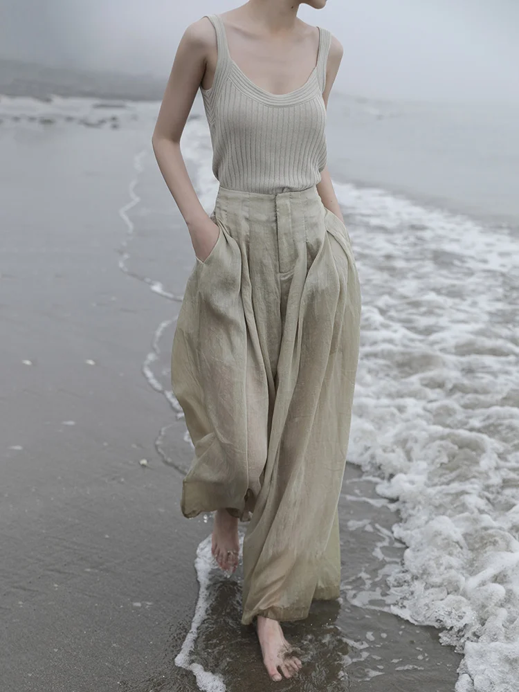 

High Waist Wide Leg Pants Women's Loose Fit Thin Linen Trousers Chic Design Sensation Commute Sle Summer Collection