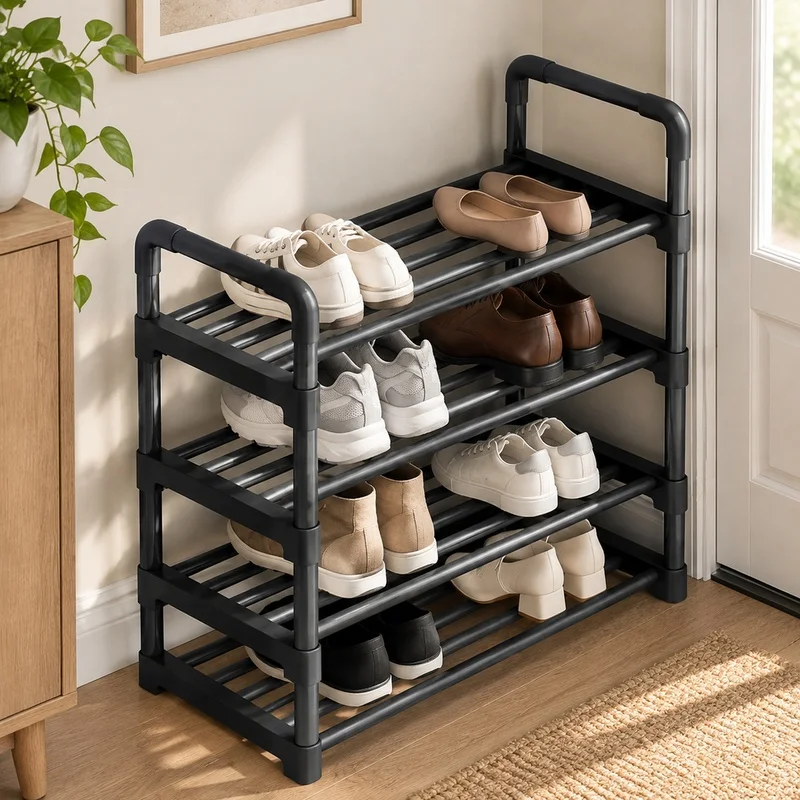 Compact Black Shoe Rack with Multiple Levels, Space-Efficient Organizer for Dorms and Entryways