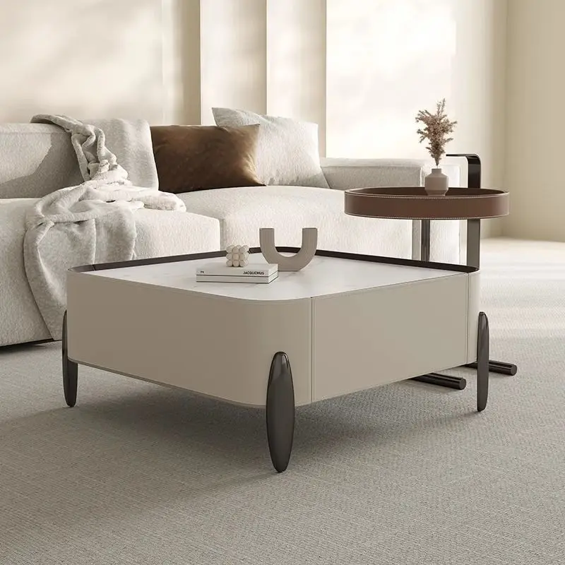 

Coffee table saddle leather light luxury minimalist small apartment high-end gray square combination rock slab coffee table