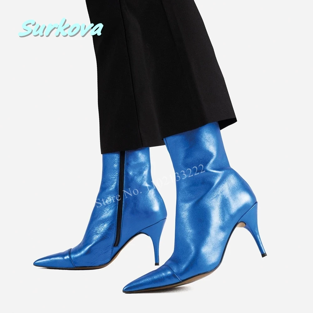

Blue Zipper Ankle Boots 2024 Solid Leather Thin High Heel Pointed Toe Autumn Winter Newest Fashion Temperament Women Work Shoes