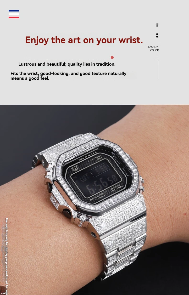 Adaptation for Casio G-SHOCK Square Metal Modified GMW-B5000 Series Steel-Inlaid Diamond Watchband Case Replacement Accessories