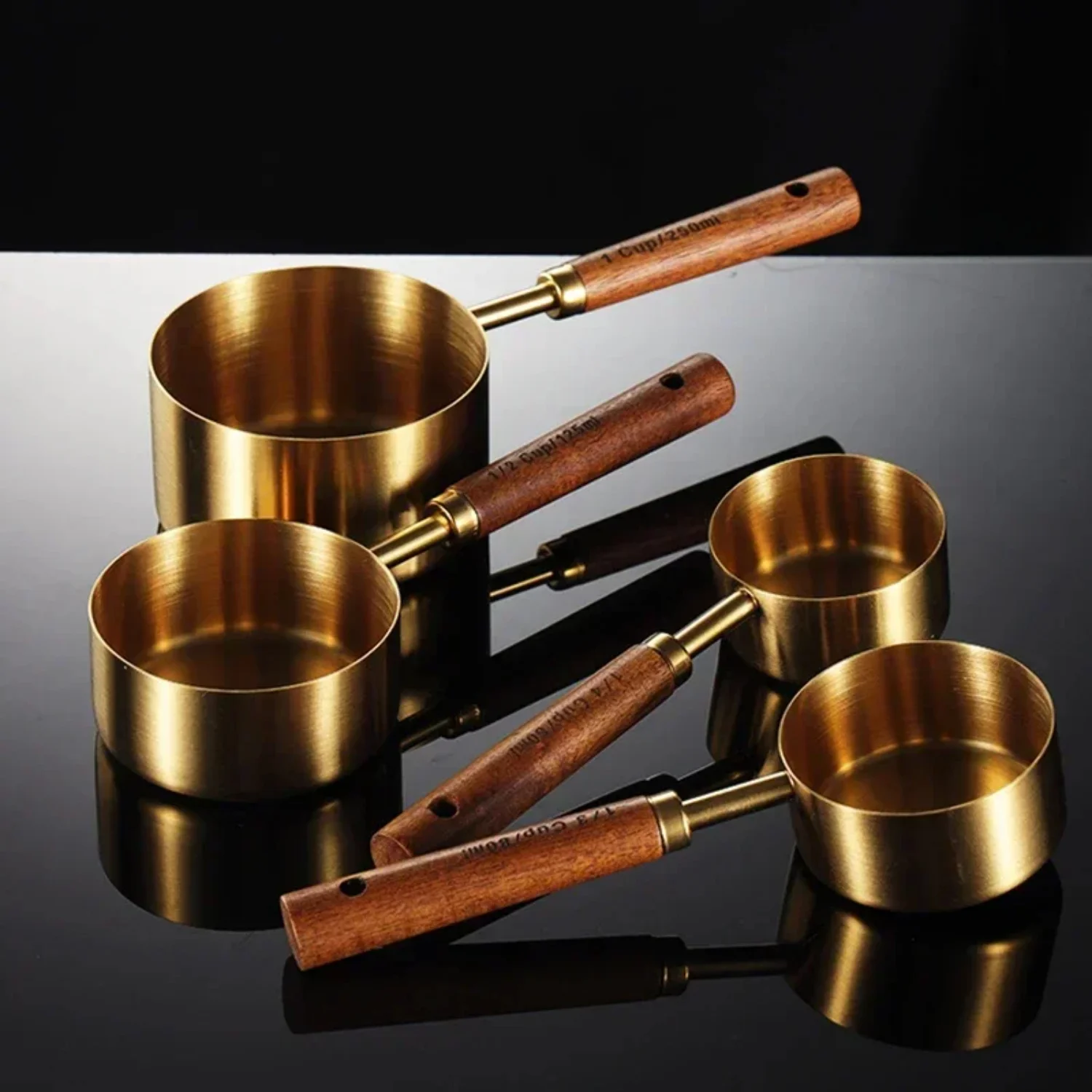 8Pcs Measuring Cups Spoons Gold Wooden Handle Stainless Steel Baking Tools Coffee Bartending Scale Kitchen Accessories Sets