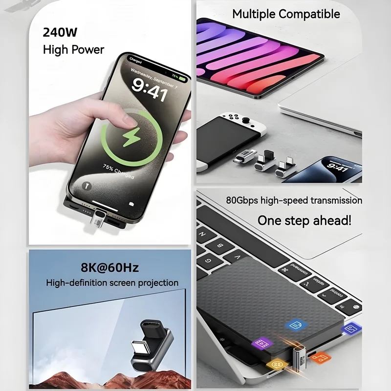 240W USB Type C Converter Metal 80Gbps 8K Video Output Fast Charging Data Sync USB-C Adapter for iPhone 16 iPad Laptop Monitor