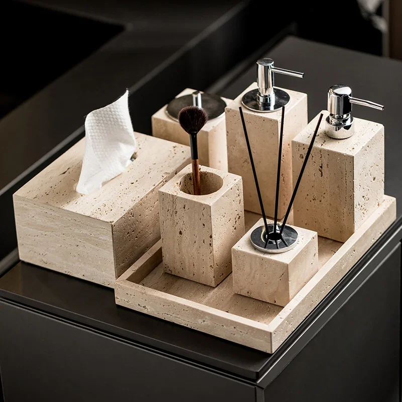 

Beige Travertine Bathroom Set Natural Marble Soap Dispenser Reed Diffuser Tissue Box Tray Bathroom Accessories