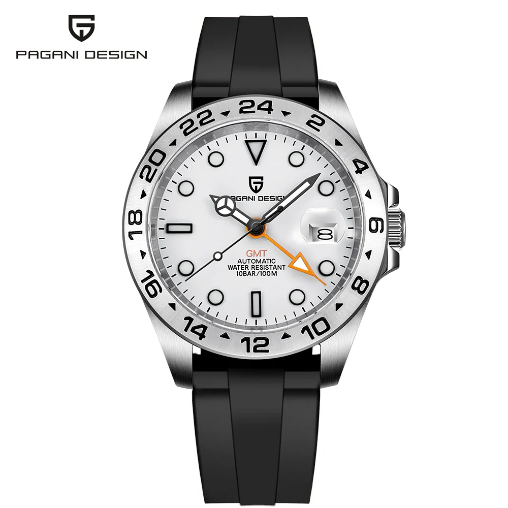 PAGANI DESIGN Men Mechanical Watch Automatic DG5833 Rubber Strap Fashion Sapphire 100m Waterproof GMT Watch Reloj Hombre PD1682