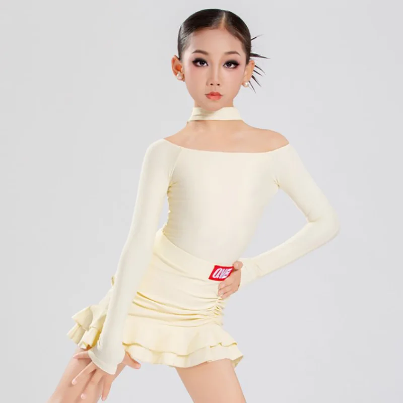 

Women Kids Girls Latin Dance Costumes Long Sleeve Off-the-shoulder Bodysuit and Practice Skirts Ballroom Rumba Dancewear