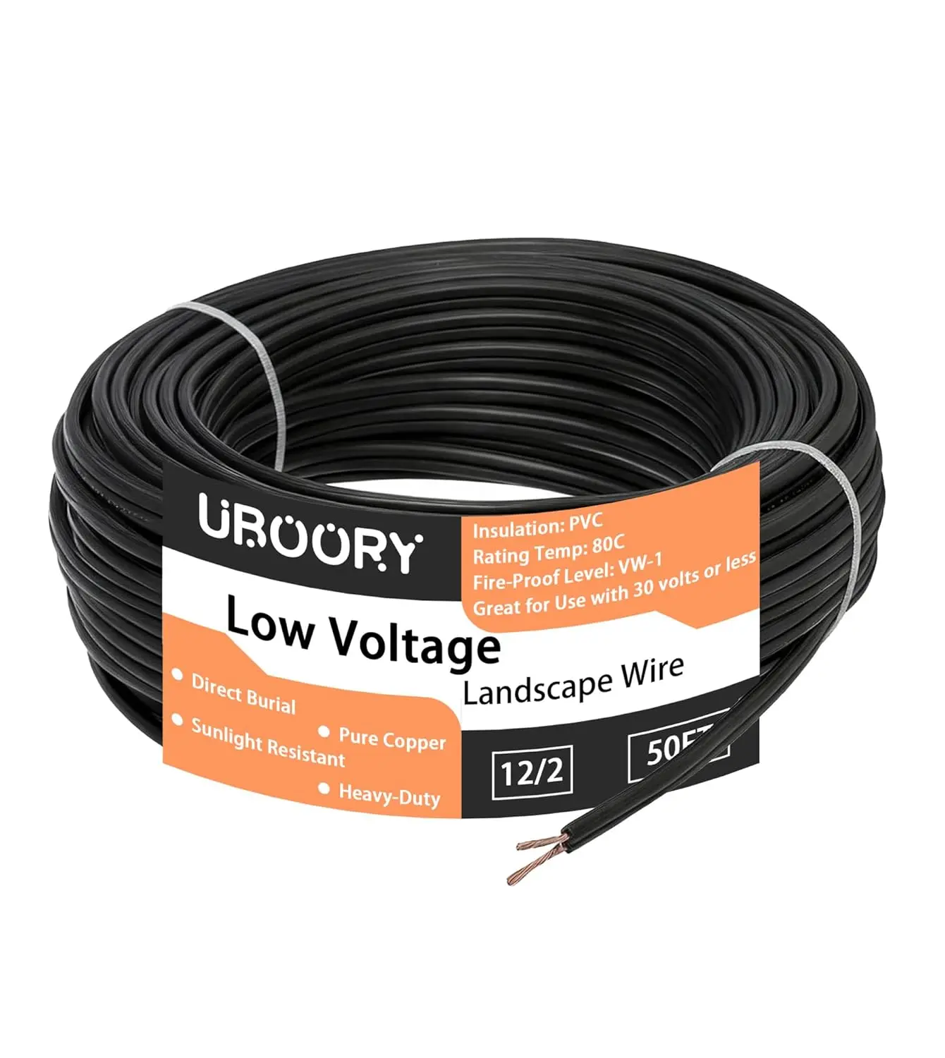 

12 Gauge Wire 2 Conductor 50FT, 12/2 Low Voltage Landscape Wire for Direct Burial Outdoor Lighting, Pure Copper