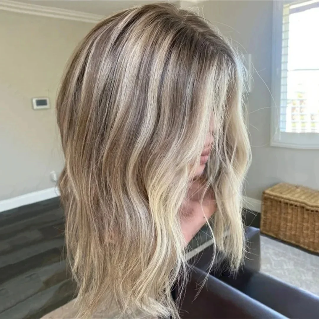 Ash Blonde Highlight Glueless Short Wave Wig Synthetic 13x4 Lace Front Pre-Plucked Soft Hair for Women Daily Use
