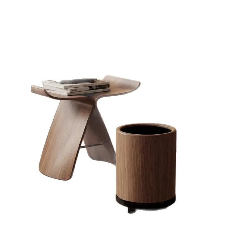 Simple light luxury double bucket wood grain trash can bedroom living room floor type large capacity advanced