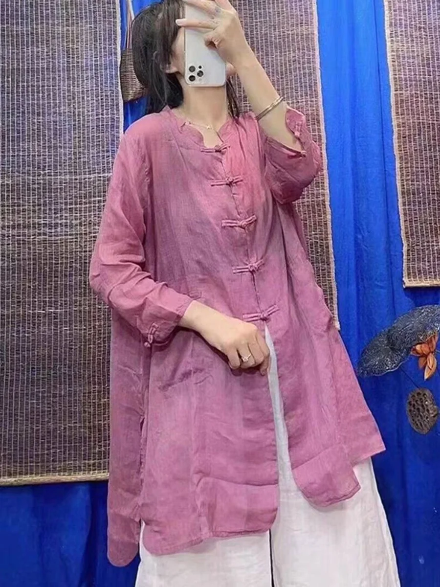 New Chinese Sle Cotton Linen irt Women Summer Mid-Length Retro Zen Button-Up Tea Costume Linen Open Cardigan Top