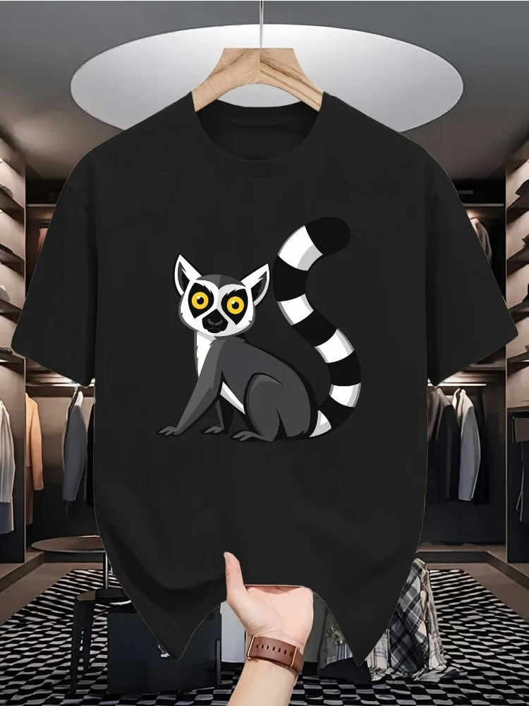 Men Summer Crew Neck Short Sleeve T Shirt Cute Cartoon Ring Tailed Lemur Print Casual Loose Fashion Streetwear Daily Basic Top