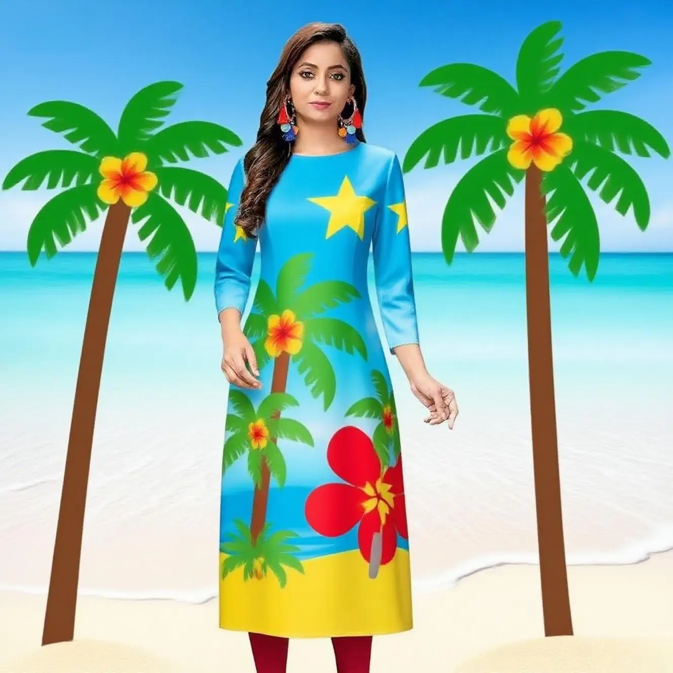 Kurt women's fashionable and comfortable dress with long sleeves, straight tube,  and a variety of vacation styles