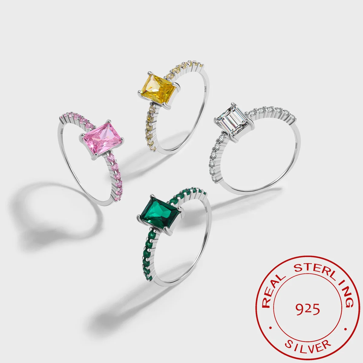 

CCFJOYAS 100% 925 Sterling Silver White/Pink/Yellow/Green Rectangle Zircon Ring for Women Light Luxury Exquisite Stacking Ring