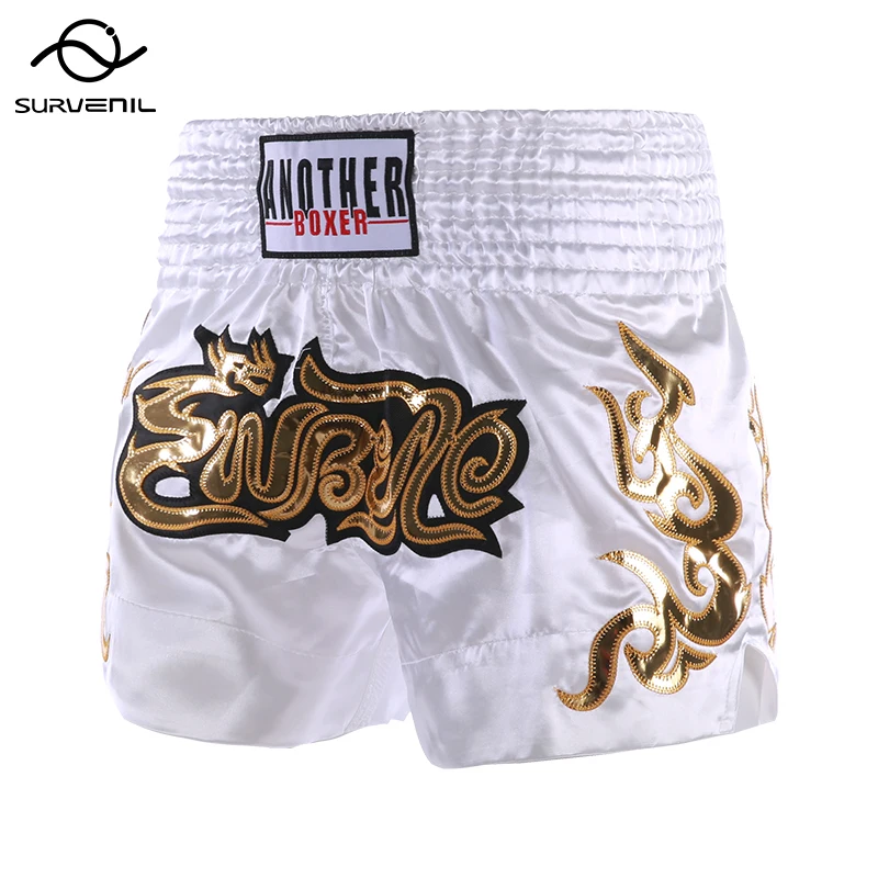 Thai Boxing Shorts Men Women Kids Muay Thai Shorts with Gold Embroidery Unisex Fighters Fighting Training Kickboxing Costumes