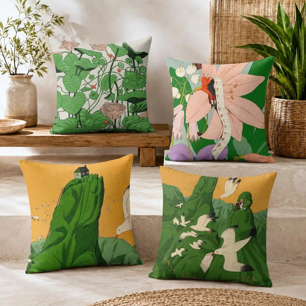 Green Artwork Cushion Cover Summer Coolness Linen Organic Fabric Sofa Pillow Case Double-Sided Printing Home Decor