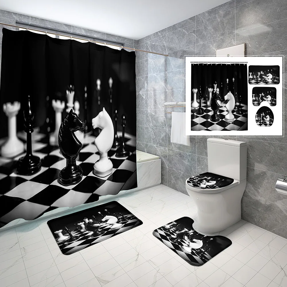 

Black and White Chess Shower Curtain Set Non-Slip Rug Toilet Cover Bath Mat Horse Head Chess Digital Bath Curtains with Hooks