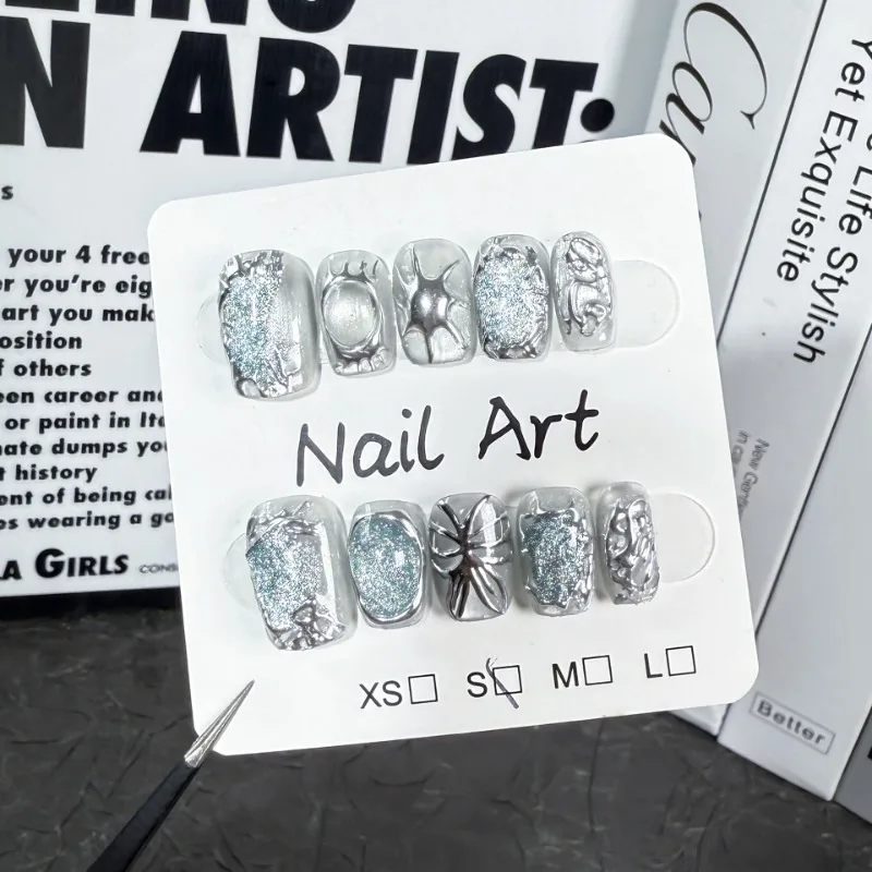 10 Pieces Irregular Metal Shape Handmade Press On Nails Butterfly Short Cat Eye Fake Nails Removable Reusable