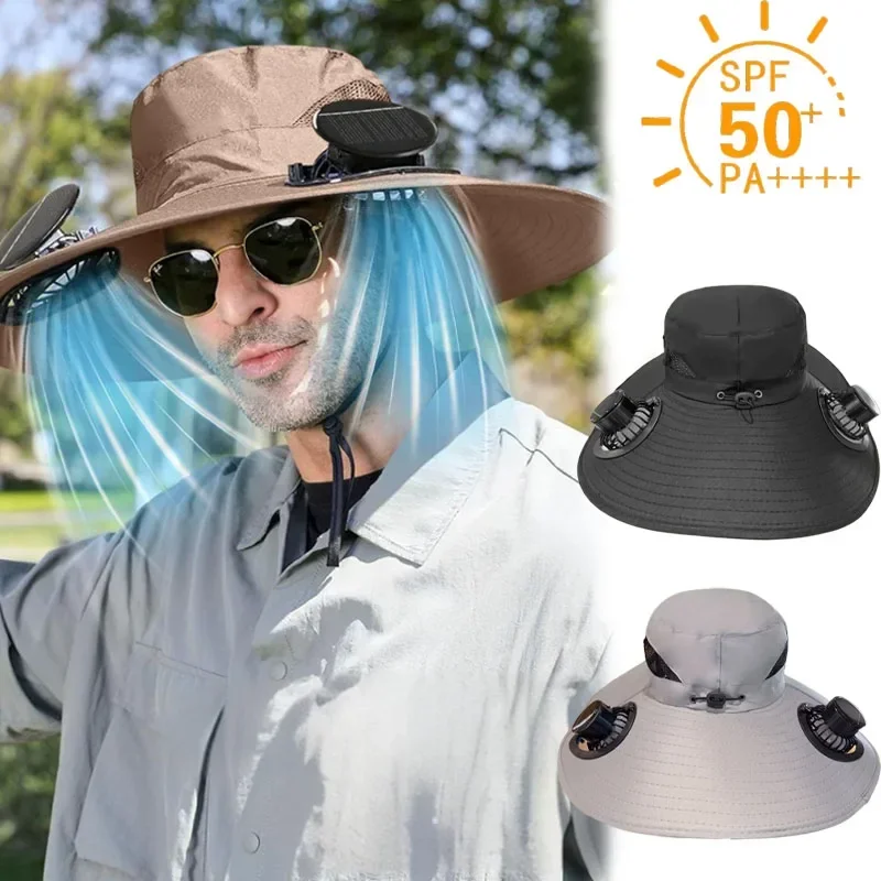 

Large Size Quick Dry Bucket Hat with Solar Powered Fan USB Charging Sun Hat for Men Outdoor Hiking Camping Fishing Cooling Wear