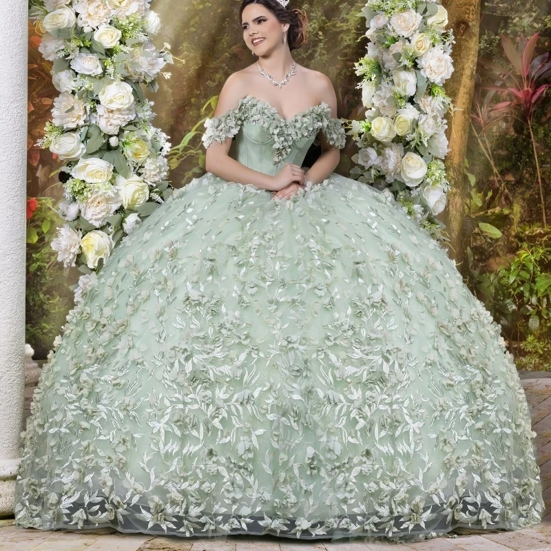 Luxury Sweetheart Light Green Quinceanera 2024 Ball Gown Applique Lace Beads Tull Sweep Train Prom Dress Vestidos De 15 Años