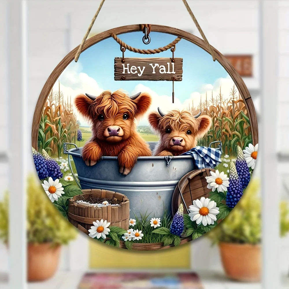 Charming Highland Cow and Sunflower round Wooden Welcome Board19.99 Country Style Wall Decoration, Suitable for Home, Garden, Fa