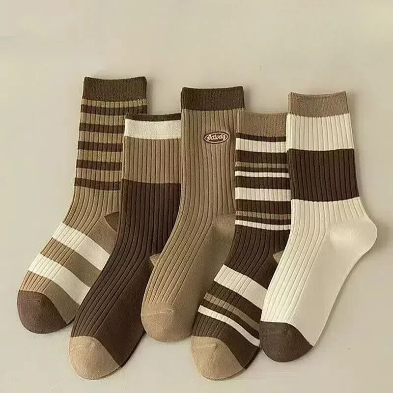 Autumn Winter New Minimalist Striped Women Mid Tube Stacking Socks Anti Odor Sweat Absorbing Lady Heating Socks 5pcs Set