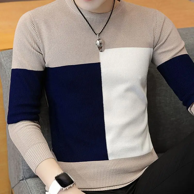 

2024 spring and autumn new fashion patchwork crew neck sweater casual youth trend slim-fit pullover sweater men
