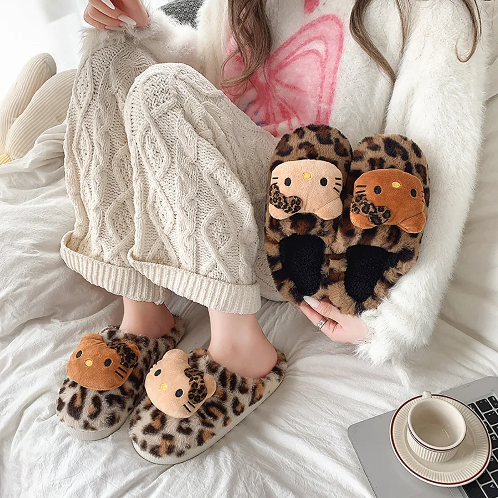 Sanrio Kawaii Hello Kitty Doll Cotton Slippers Anime Warm Leopard Slippers Autumn Winter Warm Home Loafer Thick-soled Shoes Gift