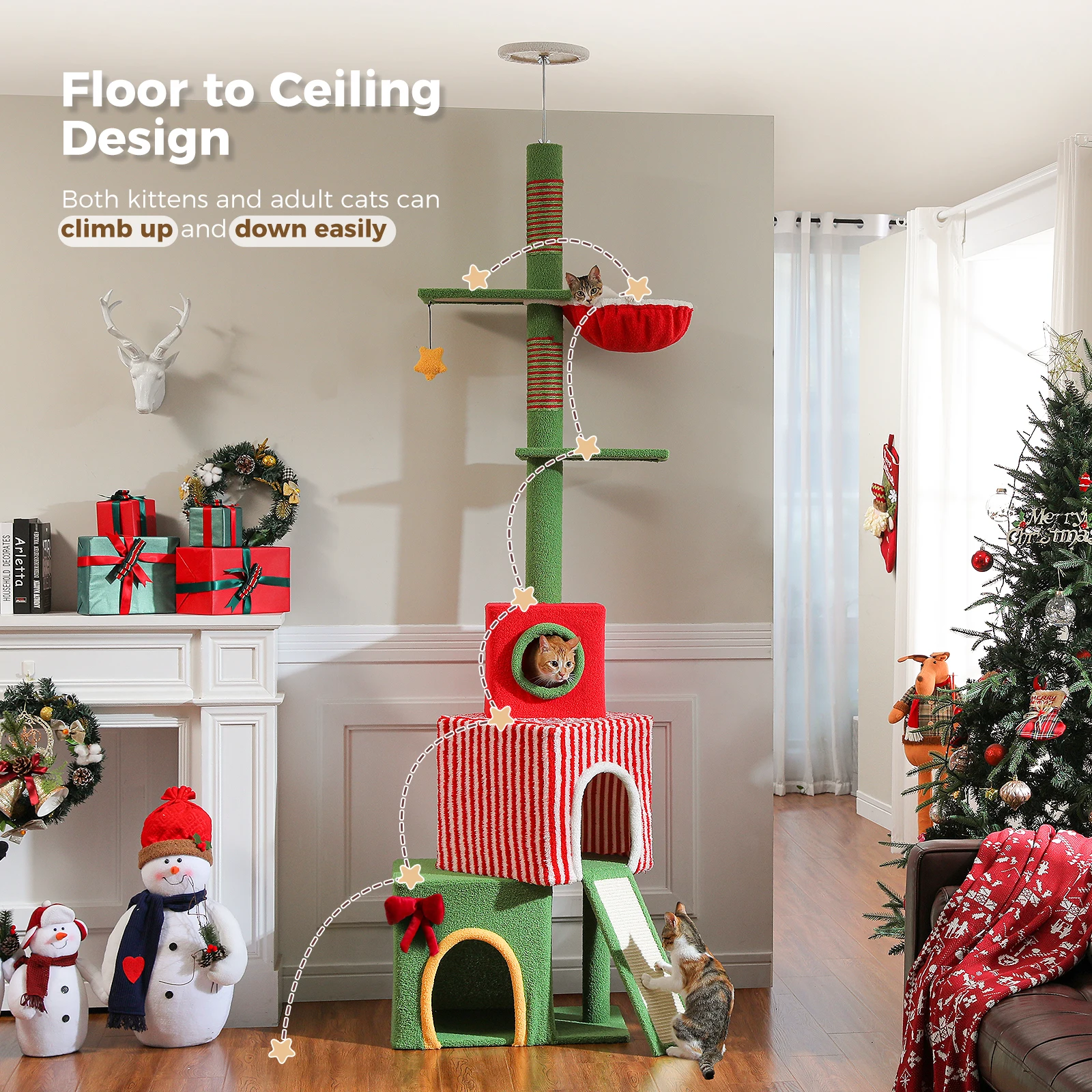 Weihnachts-Katzenbaumturm mit rot-grünem Eigentumswohnung, mehrstufiger Katzenturm mit Sisal-Kratzbäumen, Katzenmöbel für Hauskatzen – Detail 36