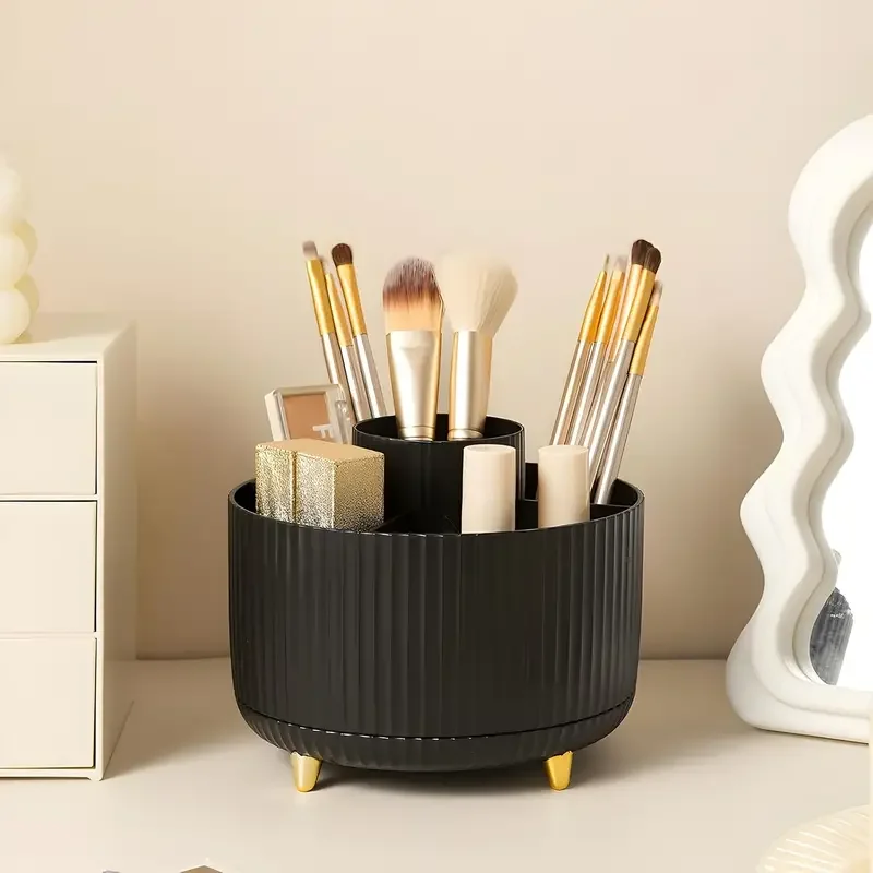 360 °   Porte-brosse de maquillage rotatif à 5 fentes, organisateur de rangement de bureau multifonctionnel, rangement de cosmétiques pour vanité, bureau, salle de bain