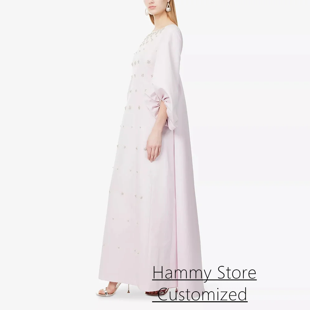 فستان سهرة وردي فاتح مخصص بأكمام منتفخة ورقبة مربعة وأحجار الراين مطرز على شكل حرف A فستان حفلة موسيقية عربي مع كيب #3