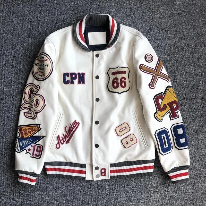 Multi-letter Embroidery White Baseball Uniform Men's Explosive Style Baseball Uniform Retro Leather Jacket Heavy Industry Coat