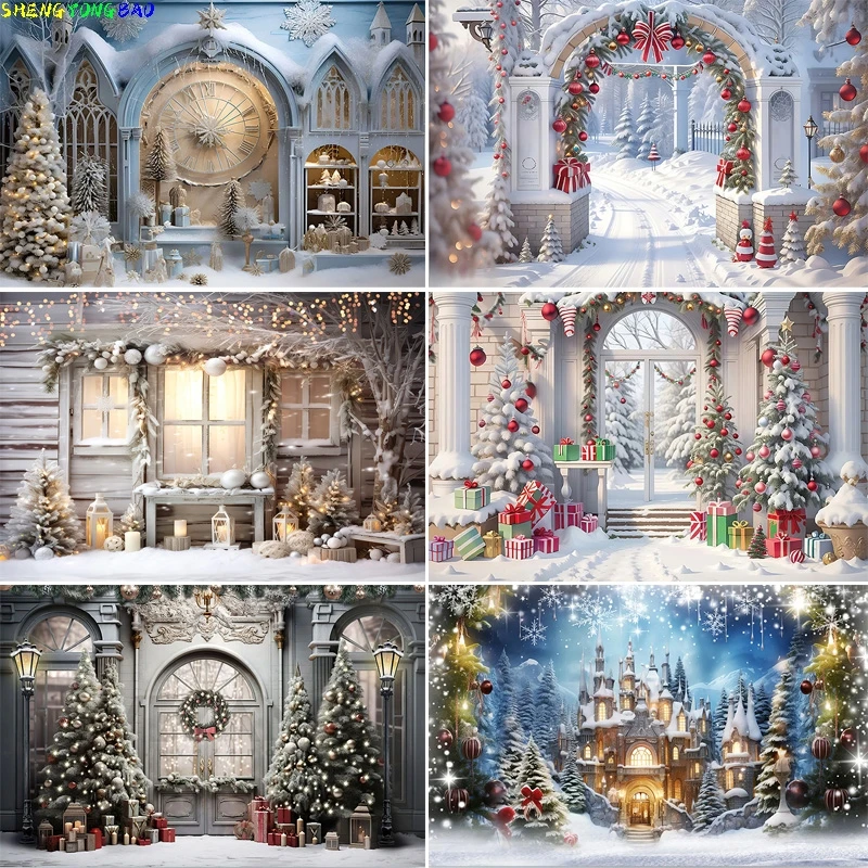 

Christmas Day Fireplace Photography Backdrops Fireplace Patio Wreath Window Indoor New Year Holiday Party Photo Background CR02