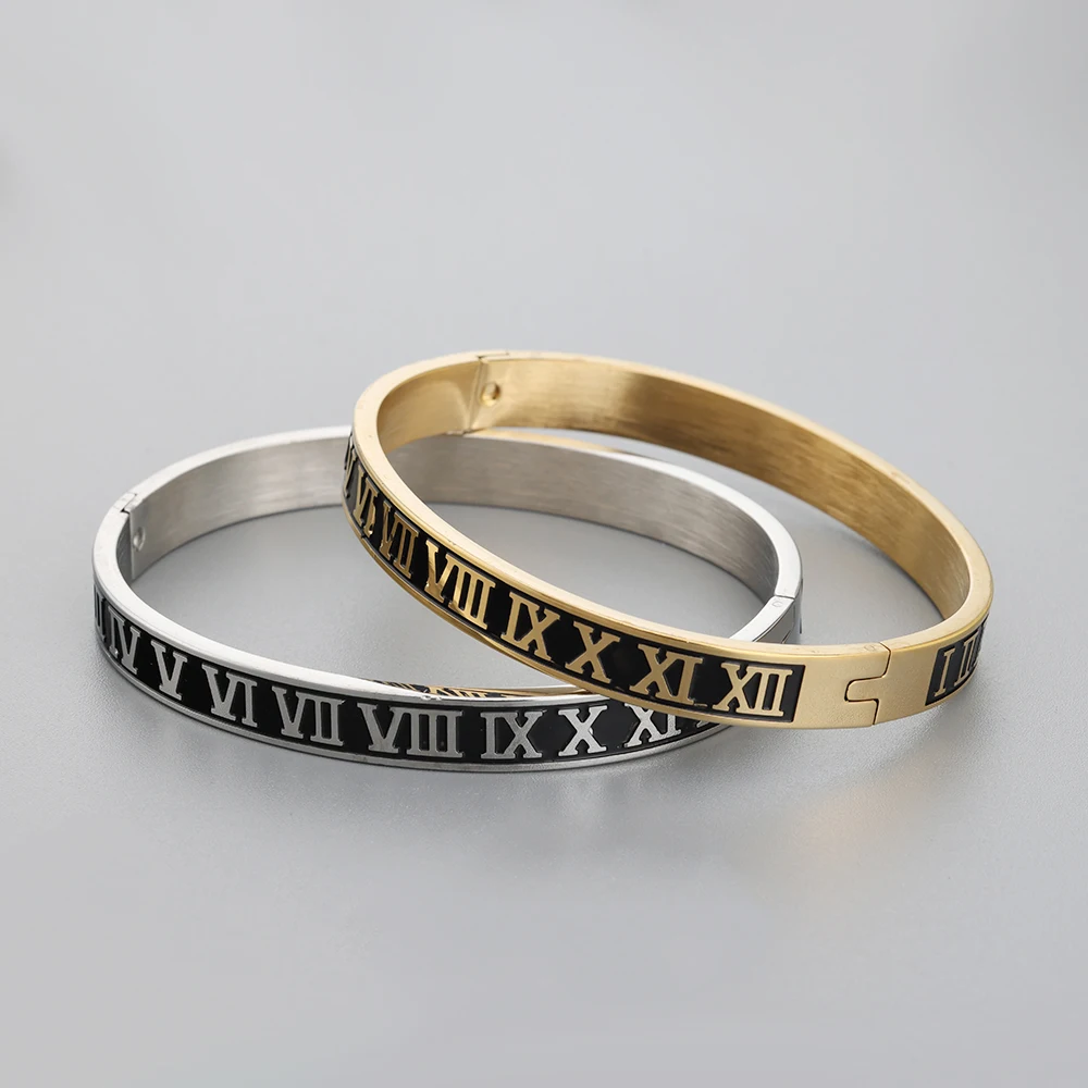 Men And Women Stainless Steel Gold Plating Couples Bracelet Carving Roman Numerals Lover Bangle Wedding Jewelry